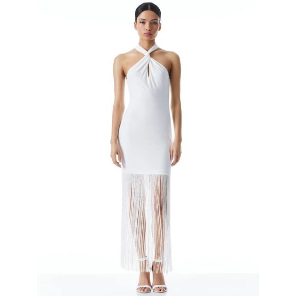 RARE! ALICE AND OLIVIA STEPH TWISTED NECK FRINGE COCKTAIL WEDDING DRESS SZ 4 - Picture 3 of 6
